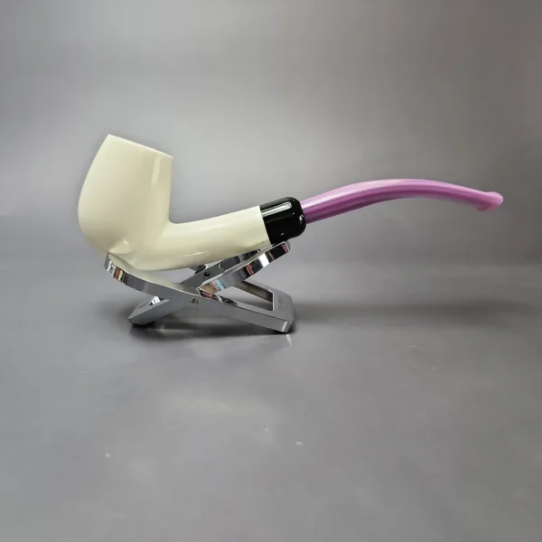Smooth Bent Billiard w/ Purple Stem & Case Estate Block Meerschaum Pipe, Unsmoked - Image 3