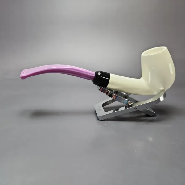 Smooth Bent Billiard w/ Purple Stem & Case Estate Block Meerschaum Pipe, Unsmoked - Image 8