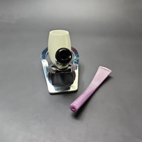 Smooth Bent Billiard w/ Purple Stem & Case Estate Block Meerschaum Pipe, Unsmoked - Image 11