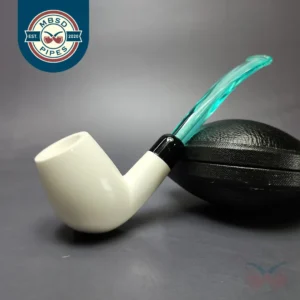 Smooth Bent Billiard w/ Blue Stem & Case Estate Block Meerschaum Pipe, Unsmoked
