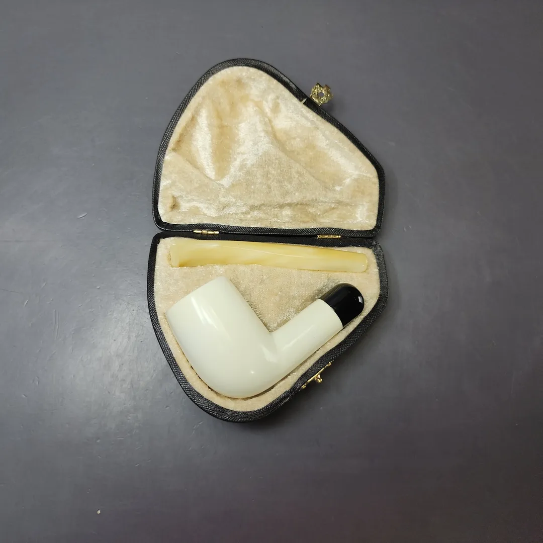 Smooth Billiard w/ Gold Stem & Case Estate Block Meerschaum Pipe, Unsmoked - Image 2