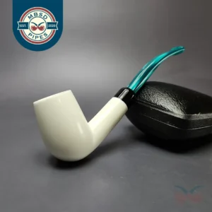 Smooth Bent Billiard w/ Blue Stem & Case Estate Block Meerschaum Pipe, Unsmoked