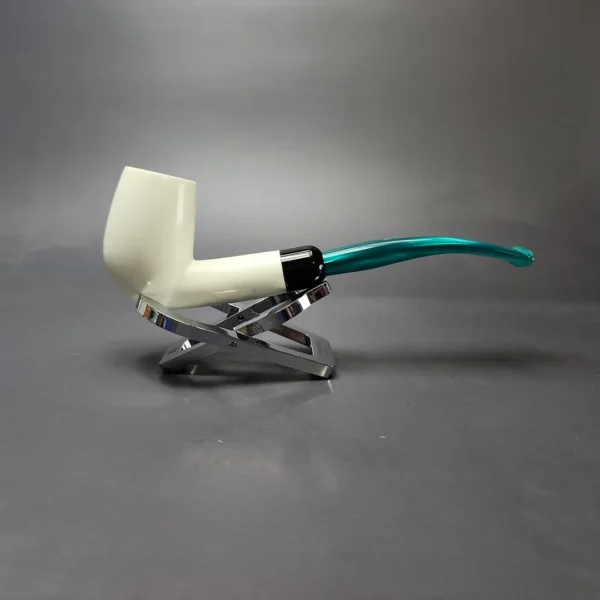 Smooth Bent Billiard w/ Blue Stem & Case Estate Block Meerschaum Pipe, Unsmoked - Image 3