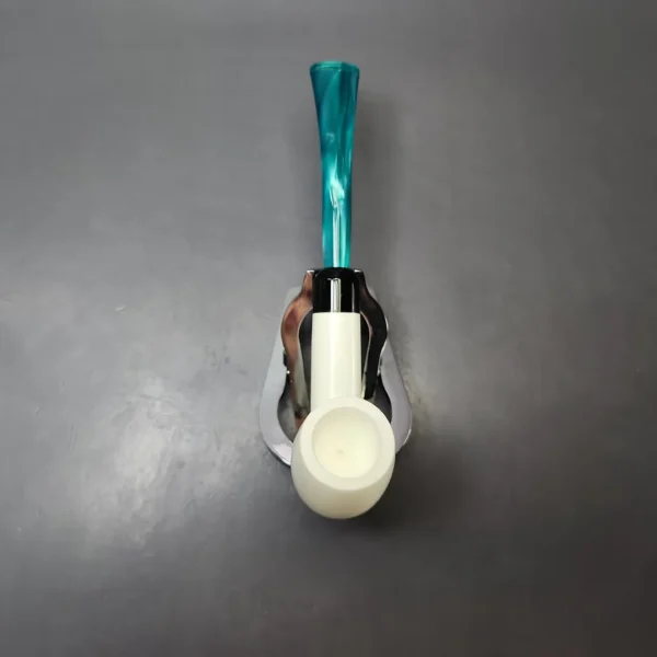 Smooth Bent Billiard w/ Blue Stem & Case Estate Block Meerschaum Pipe, Unsmoked - Image 7