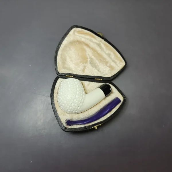 Lattice Apple w/ Blue Stem & Case Estate Block Meerschaum Pipe, Unsmoked - Image 3