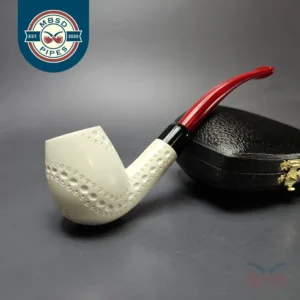 Lattice Carved Bent Billiard w/ Red Stem & Case Estate Block Meerschaum Pipe, Unsmoked