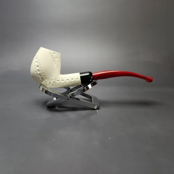 Lattice Carved Bent Billiard w/ Red Stem & Case Estate Block Meerschaum Pipe, Unsmoked - Image 3