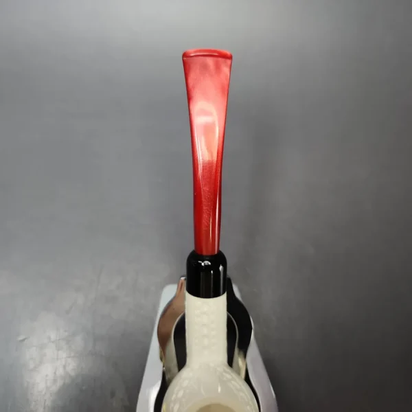 Lattice Carved Bent Billiard w/ Red Stem & Case Estate Block Meerschaum Pipe, Unsmoked - Image 6