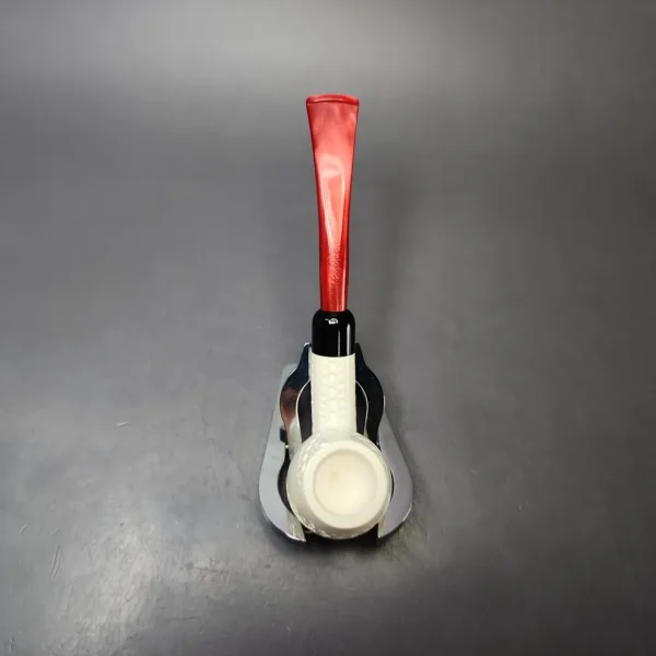 Lattice Carved Bent Billiard w/ Red Stem & Case Estate Block Meerschaum Pipe, Unsmoked - Image 7