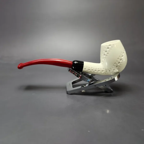 Lattice Carved Bent Billiard w/ Red Stem & Case Estate Block Meerschaum Pipe, Unsmoked - Image 8