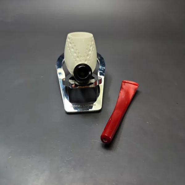 Lattice Carved Bent Billiard w/ Red Stem & Case Estate Block Meerschaum Pipe, Unsmoked - Image 11