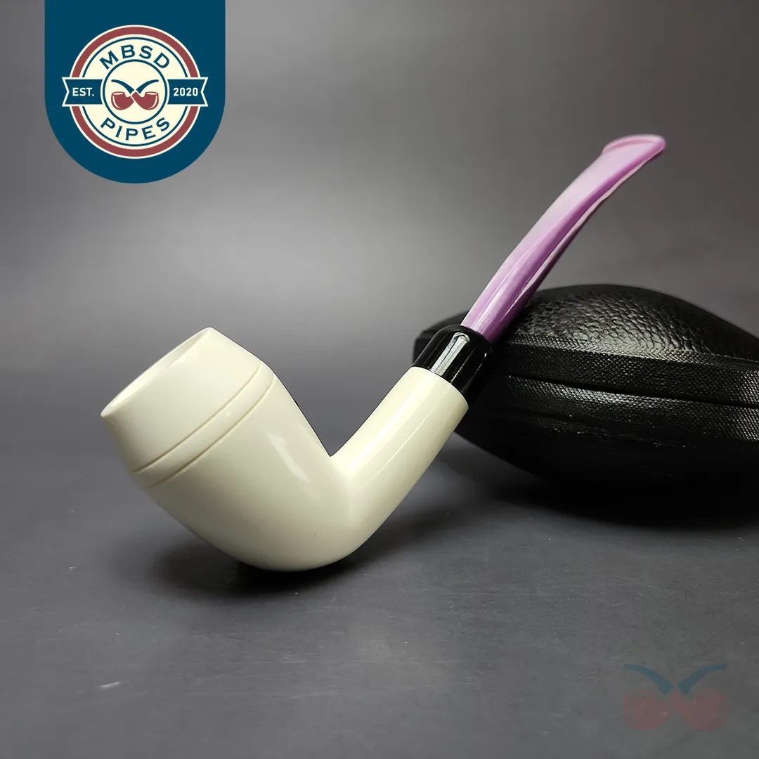 Smooth Stack Rhodesian w/ Purple Stem & Case Estate Block Meerschaum Pipe, Unsmoked
