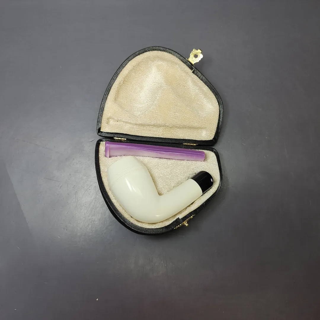 Smooth Stack Rhodesian w/ Purple Stem & Case Estate Block Meerschaum Pipe, Unsmoked - Image 2