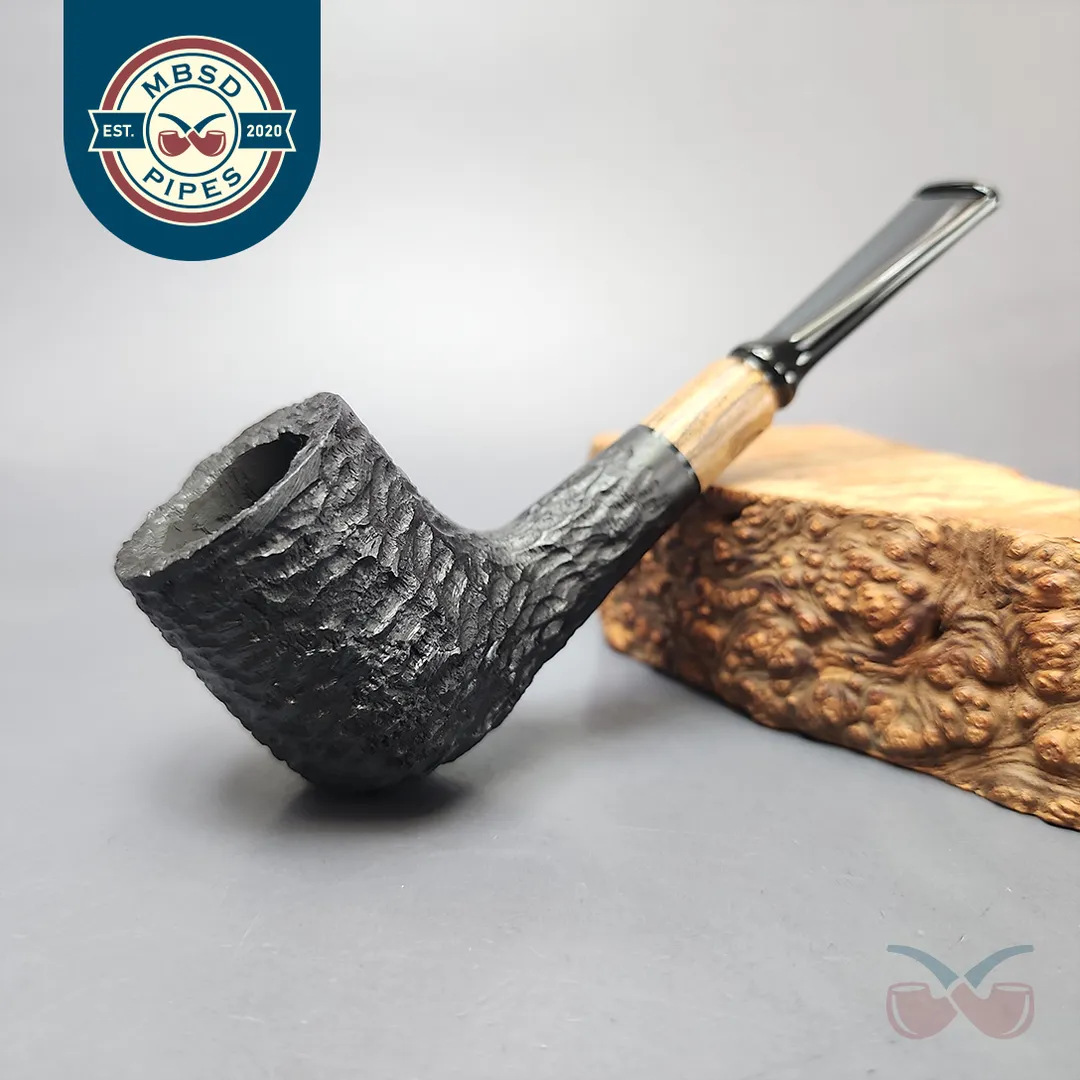 MBSD Briars by Piero Vitale Black Rusticated Billiard w/ Olivewood Briar Pipe, New