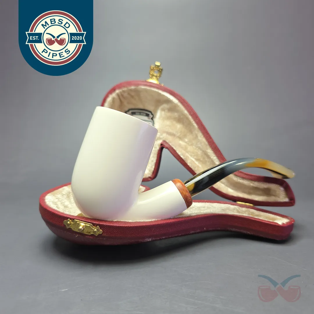MBSD Meerschaum Deluxe Stacked Bent Billiard Block Meerschaum Pipe, Briars-Mortise