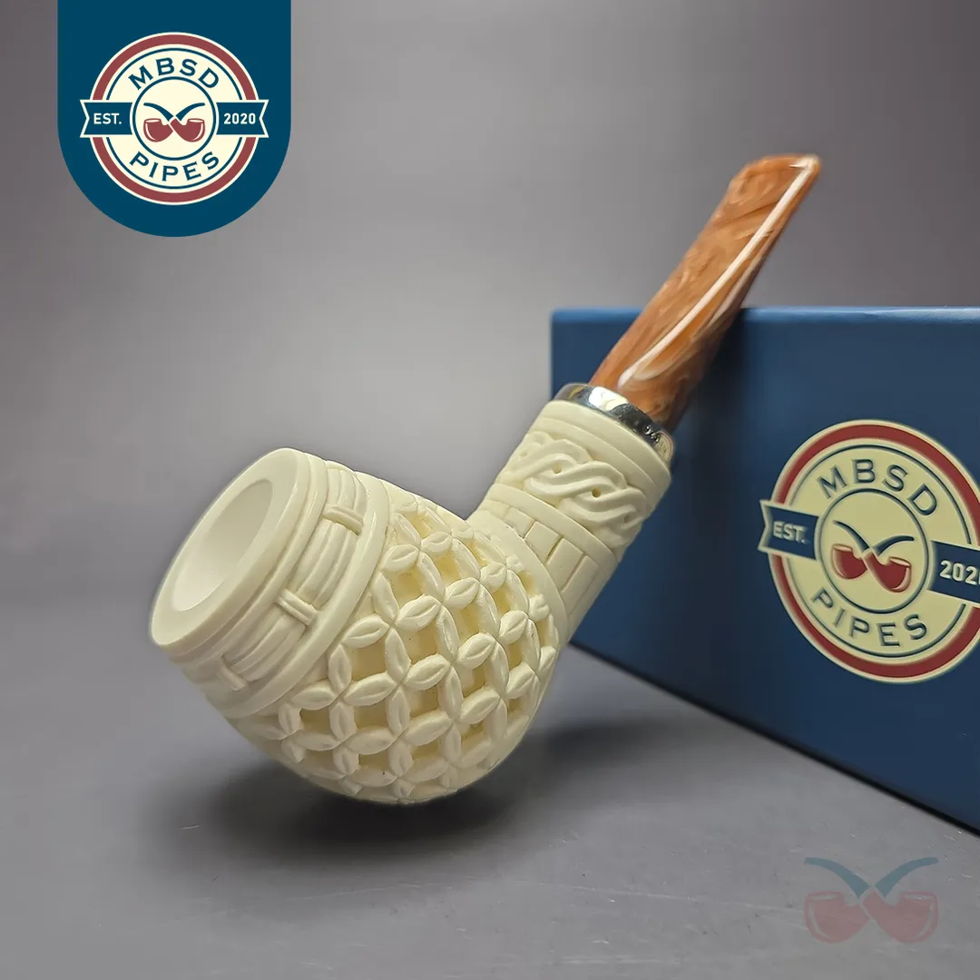 MBSD Meerschaum Silver Floral Brandy Reverse Calabash Block Meerschaum Pipe, New