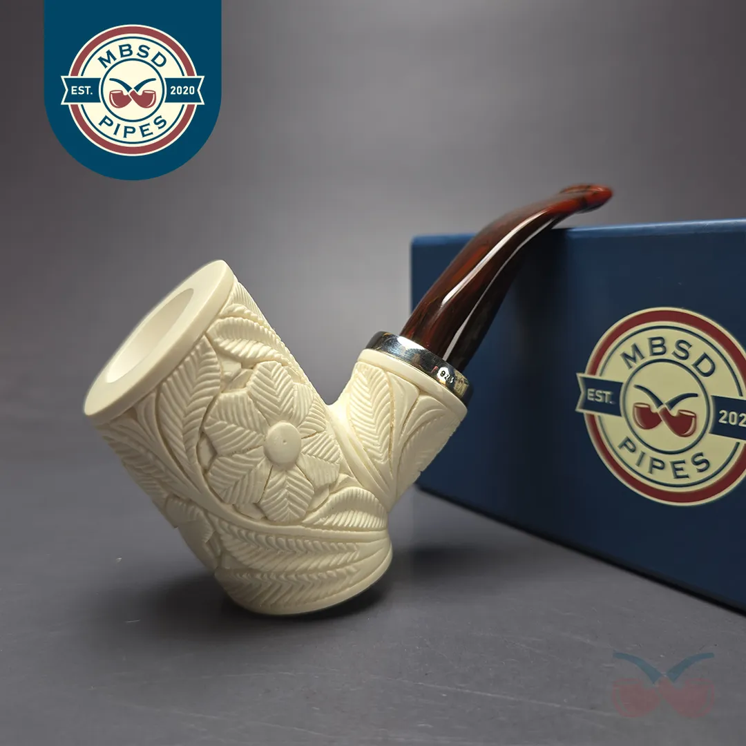 MBSD Meerschaum Silver Floral Poker Reverse Calabash Block Meerschaum Pipe, New