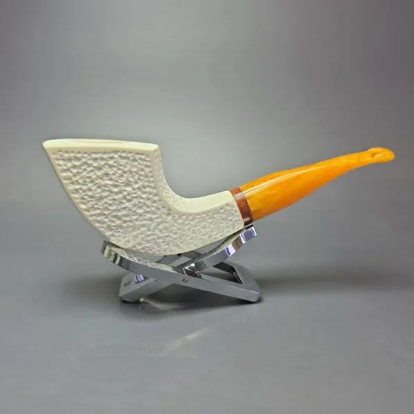MBSD Meerschaum Deluxe Rusticated Panel Horn Block Meerschaum Pipe, Briar-Mortise, New - Image 3