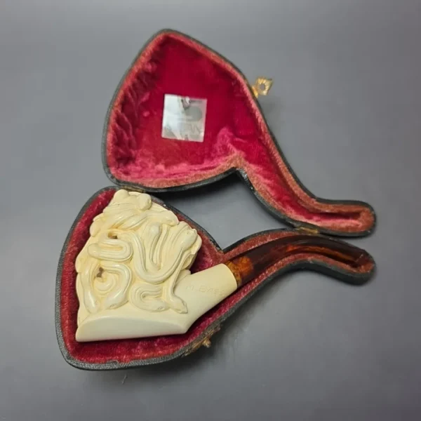 Mehmet Bassav Medusa Carved Estate Block Meerschaum Pipe, Unsmoked - Image 9