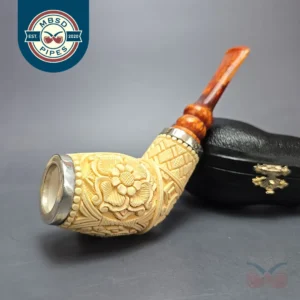MBSD Meerschaum Double Silver Floral Devil Anse Reverse Calabash Block Meerschaum Pipe, New