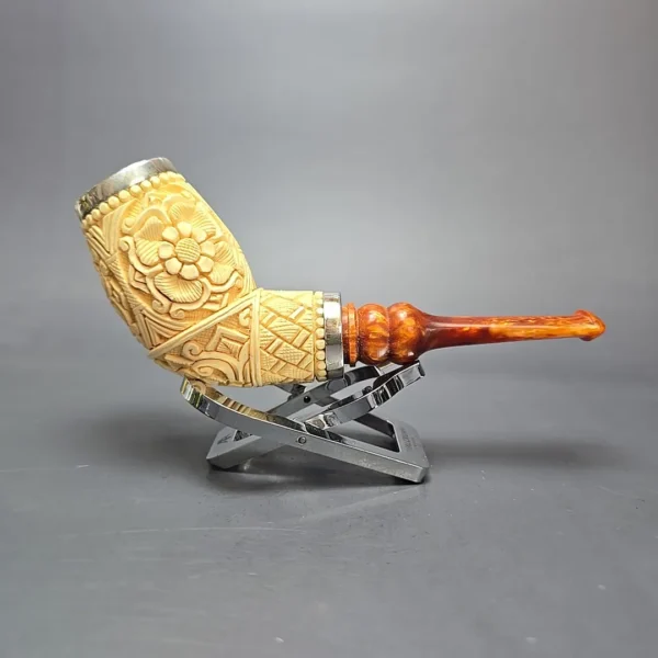 MBSD Meerschaum Double Silver Floral Devil Anse Reverse Calabash Block Meerschaum Pipe, New - Image 3