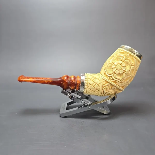 MBSD Meerschaum Double Silver Floral Devil Anse Reverse Calabash Block Meerschaum Pipe, New - Image 5