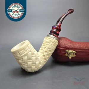 MBSD Meerschaum Silver Guilloche Bent Billiard Reverse Calabash Block Meerschaum Pipe, New