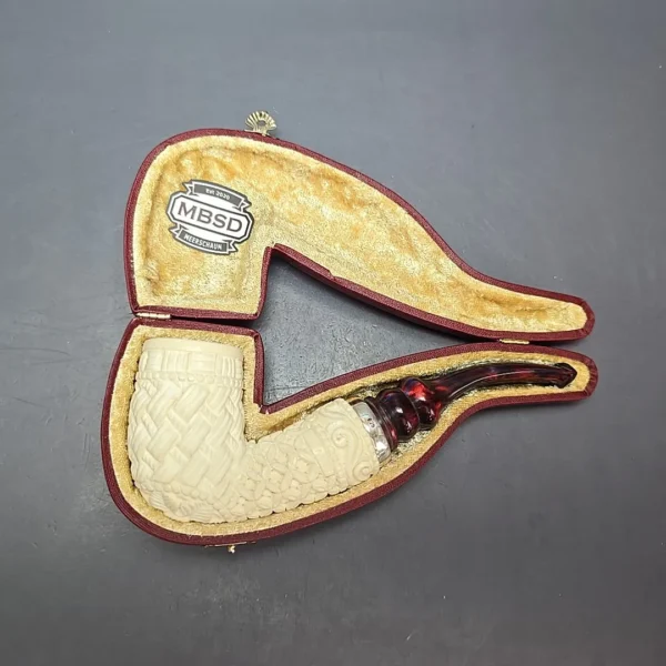 MBSD Meerschaum Silver Guilloche Bent Billiard Reverse Calabash Block Meerschaum Pipe, New - Image 15
