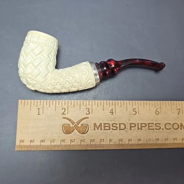 MBSD Meerschaum Silver Guilloche Bent Billiard Reverse Calabash Block Meerschaum Pipe, New - Image 5