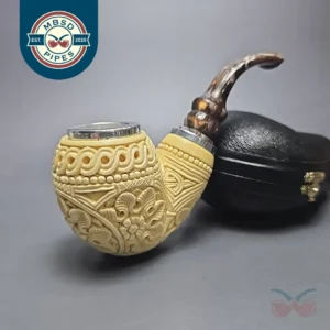 MBSD Meerschaum Double Silver Floral Egg Reverse Calabash Block Meerschaum Pipe, New