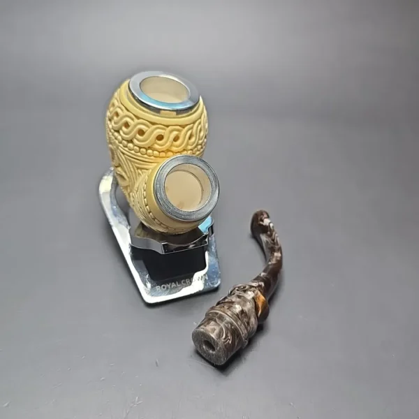 MBSD Meerschaum Double Silver Floral Egg Reverse Calabash Block Meerschaum Pipe, New - Image 3