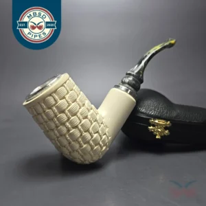MBSD Meerschaum Double Silver Brickwork Stack Reverse Calabash Block Meerschaum Pipe, New
