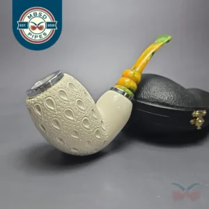 MBSD Meerschaum Double Silver Stacked Lattice Egg Reverse Calabash Block Meerschaum Pipe, New