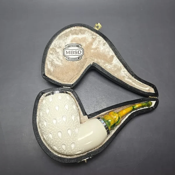 MBSD Meerschaum Double Silver Stacked Lattice Egg Reverse Calabash Block Meerschaum Pipe, New - Image 11