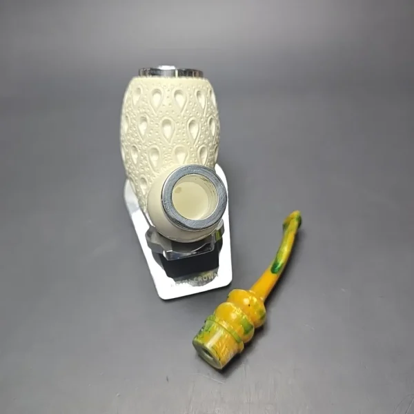 MBSD Meerschaum Double Silver Stacked Lattice Egg Reverse Calabash Block Meerschaum Pipe, New - Image 3