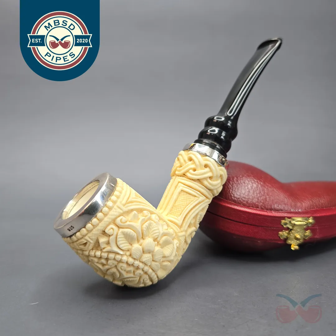 MBSD Meerschaum Silver Floral Billiard Reverse Calabash Block Meerschaum Pipe, New