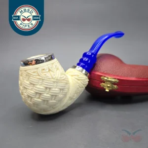 MBSD Meerschaum Double Silver Guilloche Brandy Reverse Calabash Block Meerschaum Pipe, New