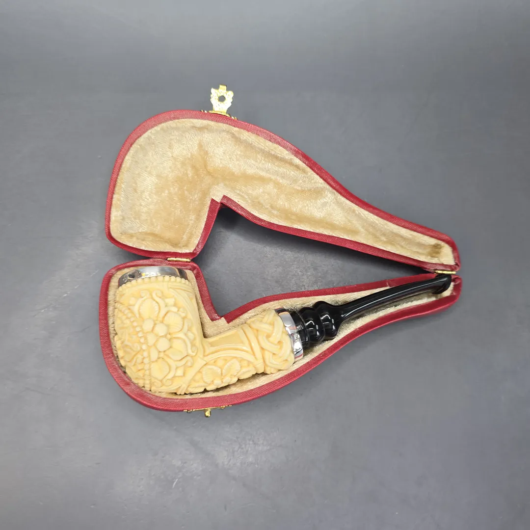 MBSD Meerschaum Silver Floral Billiard Reverse Calabash Block Meerschaum Pipe, New - Image 2