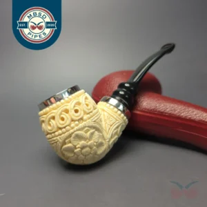 MBSD Meerschaum Double Silver Floral Egg Reverse Calabash Block Meerschaum Pipe, New