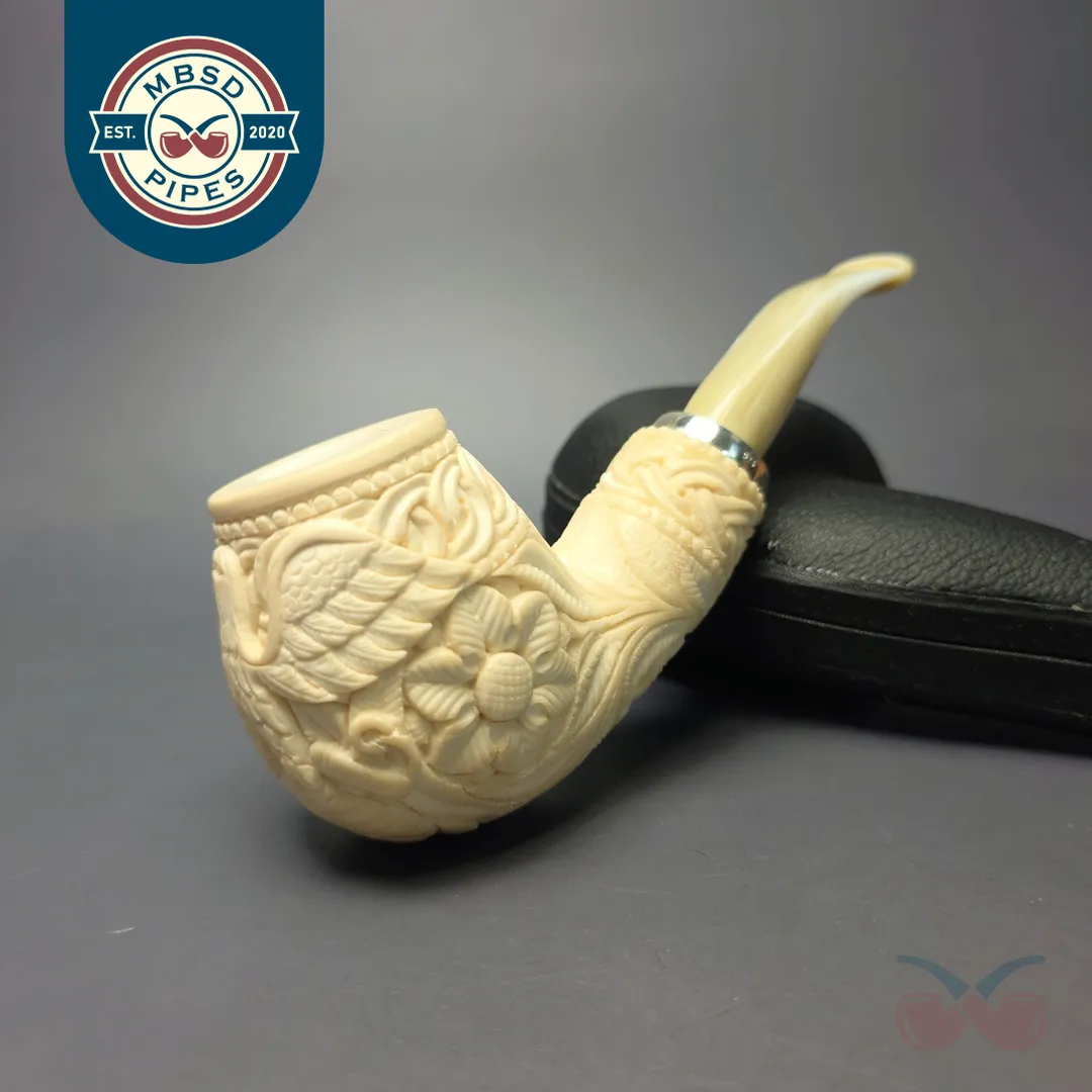 MBSD Meerschaum Silver Eagle Carved Brandy Reverse Calabash Block Meerschaum Pipe, New