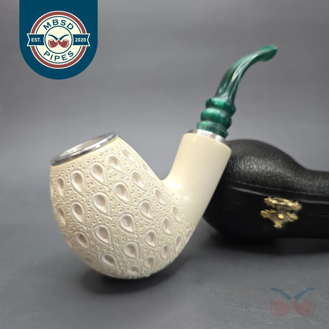 MBSD Meerschaum Nickel Mounted Lattice Egg Reverse Calabash Block Meerschaum Pipe, New