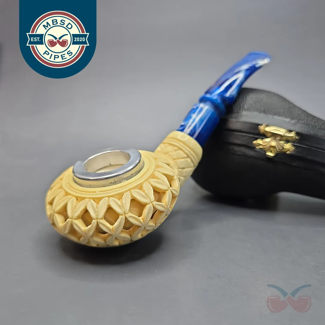 MBSD Meerschaum Nickel Mounted Lattice Author Reverse Calabash Block Meerschaum Pipe, New