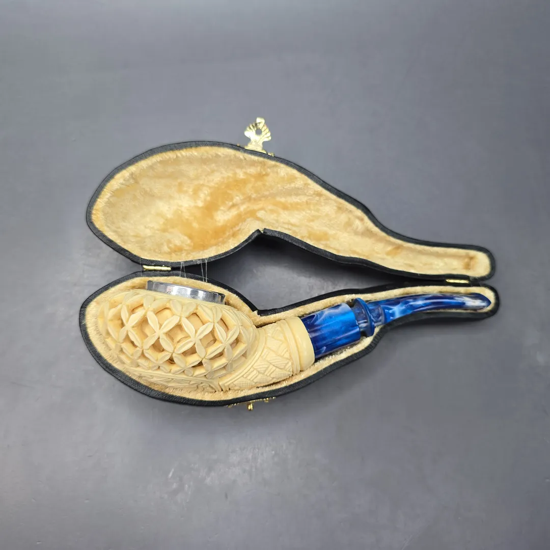 MBSD Meerschaum Nickel Mounted Lattice Author Reverse Calabash Block Meerschaum Pipe, New - Image 2