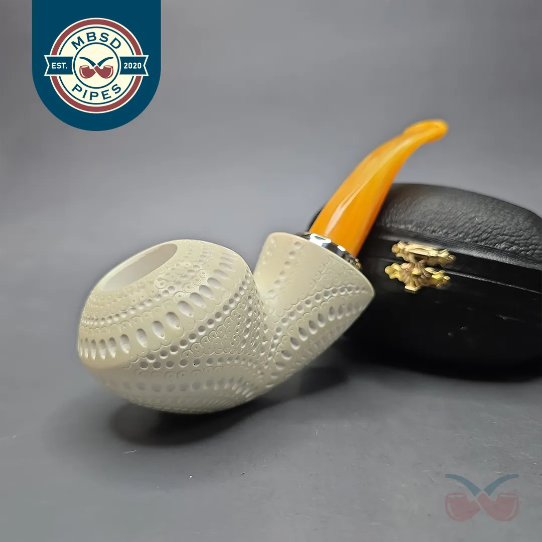 MBSD Meerschaum Silver Lattice Blowfish Reverse Calabash Block Meerschaum Pipe, New