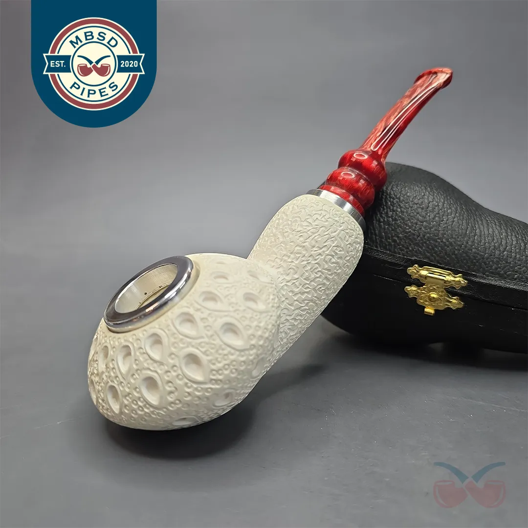 MBSD Meerschaum Nickel Mounted XL Lattice Carved Author Reverse Calabash Block Meerschaum Pipe, New