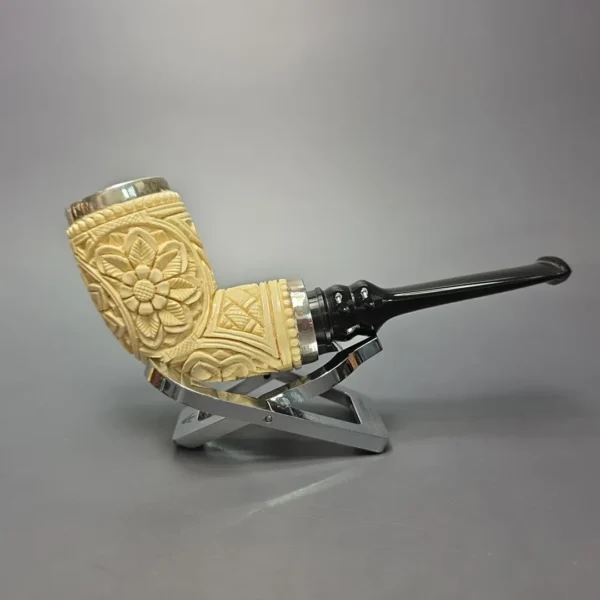MBSD Meerschaum Double Silver Floral Devil Anse Reverse Calabash Block Meerschaum Pipe, New - Image 3