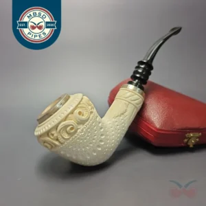 MBSD Meerschaum Double Silver Magnum Lattice Rhodesian Reverse Calabash Block Meerschaum Pipe, New