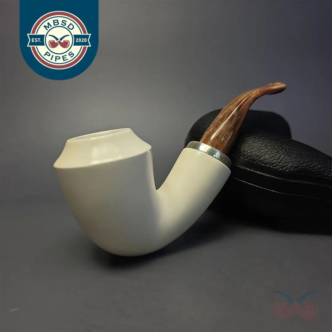 MBSD Meerschaum Silver Smooth Stack Rhodesian Reverse Calabash Block Meerschaum Pipe, New