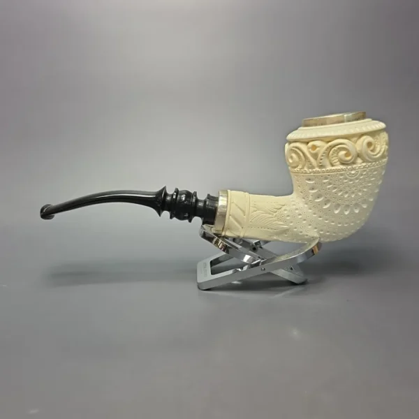 MBSD Meerschaum Double Silver Magnum Lattice Rhodesian Reverse Calabash Block Meerschaum Pipe, New - Image 4