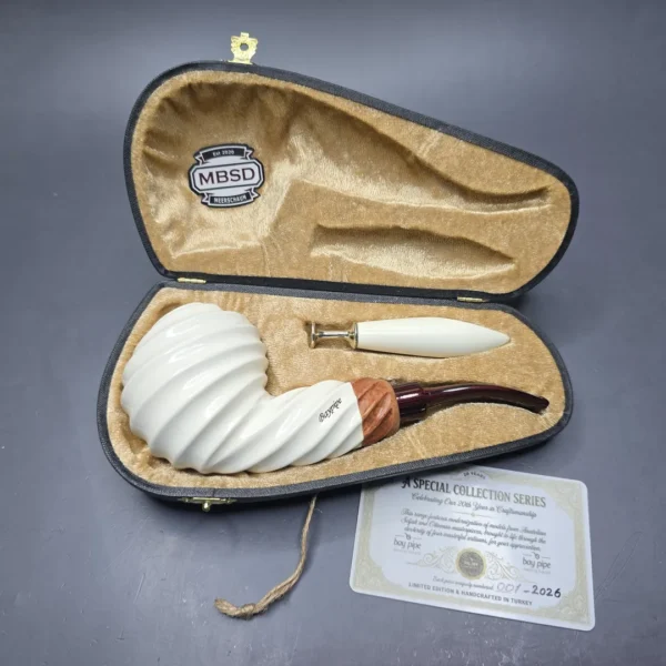 MBSD Meerschaum Premier by Bay Pipes Spiral Brandy w/ Case & Tamper Block Meerschaum Pipe, New - Image 3